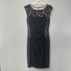 RALPH LAUREN Black Lace Sequin Trim Ruched Sleeveless Bodycon Evening Dress Sz 6